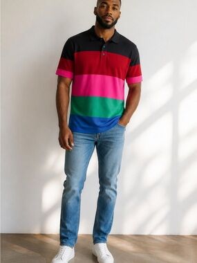 G/FORE Men's Multicolor Stripe Polo in Black, Red, Pink, Green & Blue